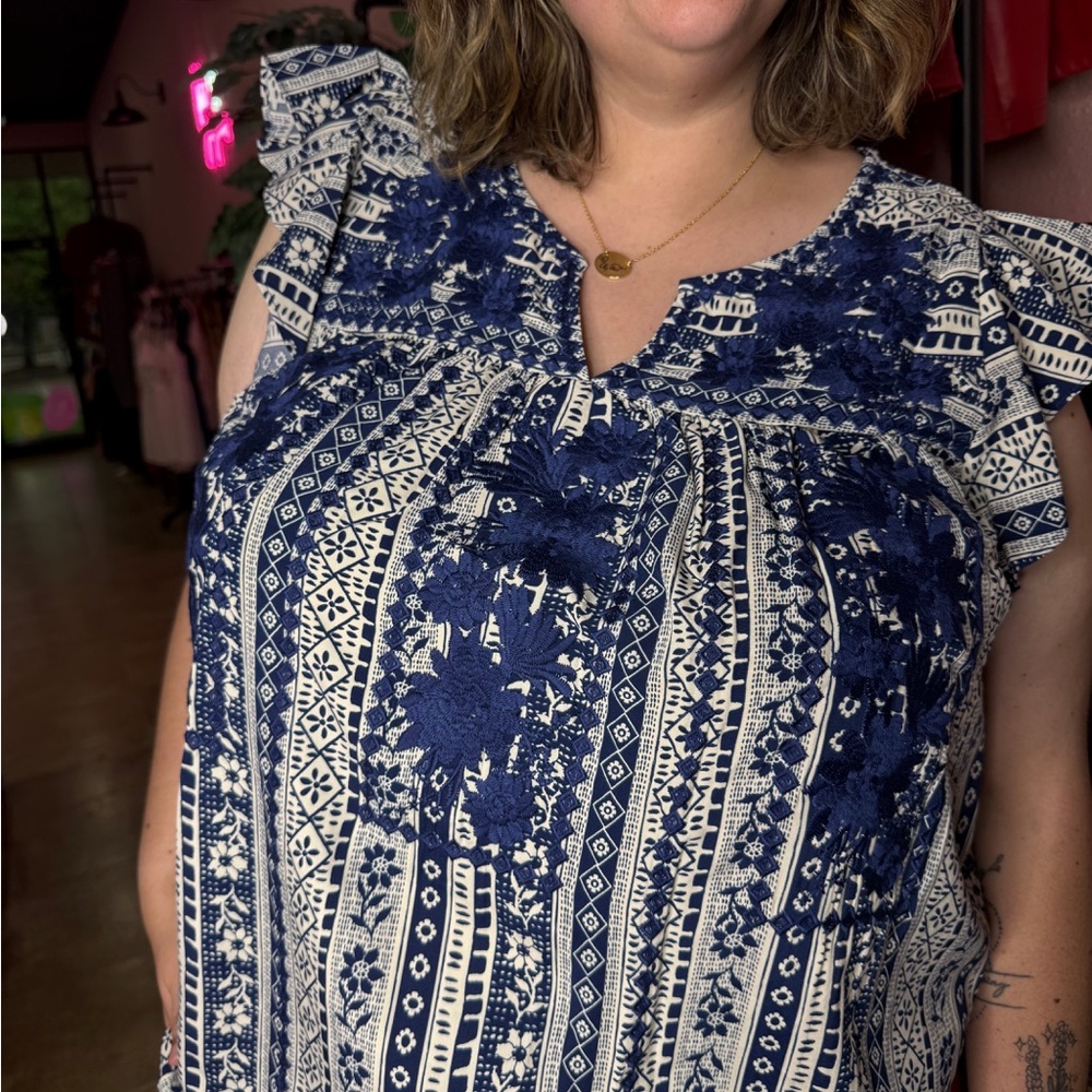 Savanna Jane Blue and Cream Embroidered Top